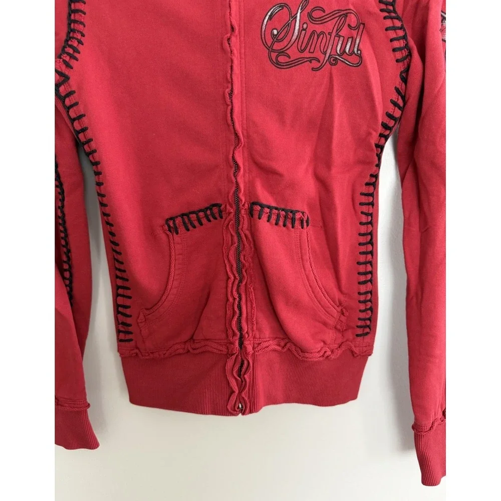 Sinful by Affliction Y2K Hoodie Cyber Grunge Goth Red Women's Size Small - Picture 5 of 10